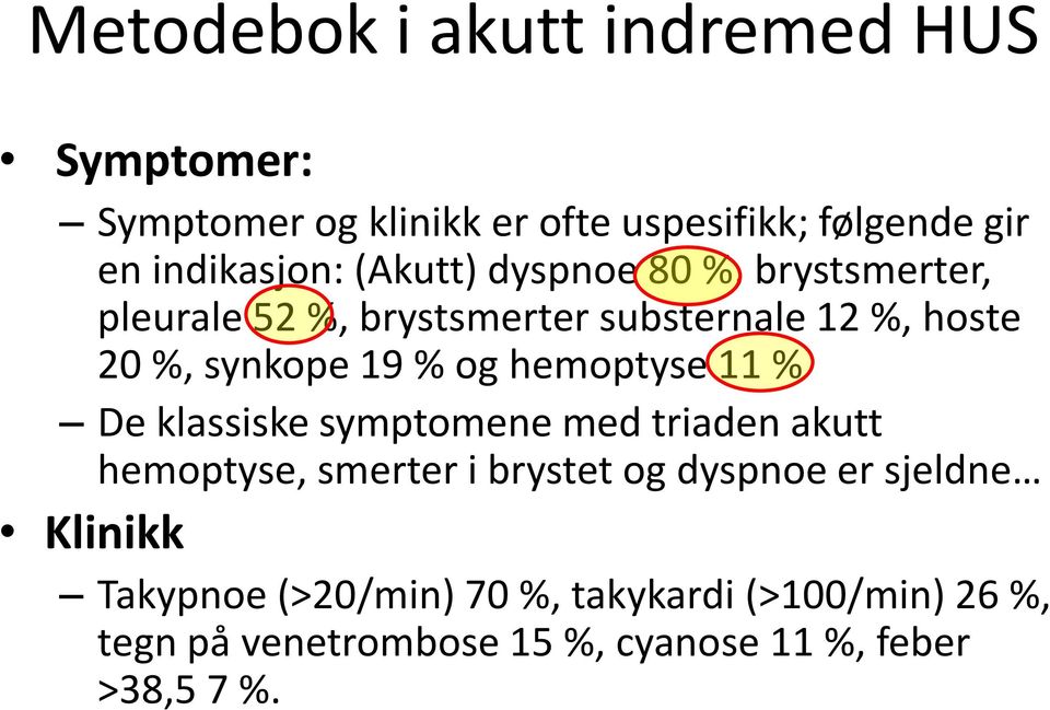 hemoptyse 11 % De klassiske symptomene med triaden akutt hemoptyse, smerter i brystet og dyspnoe er sjeldne