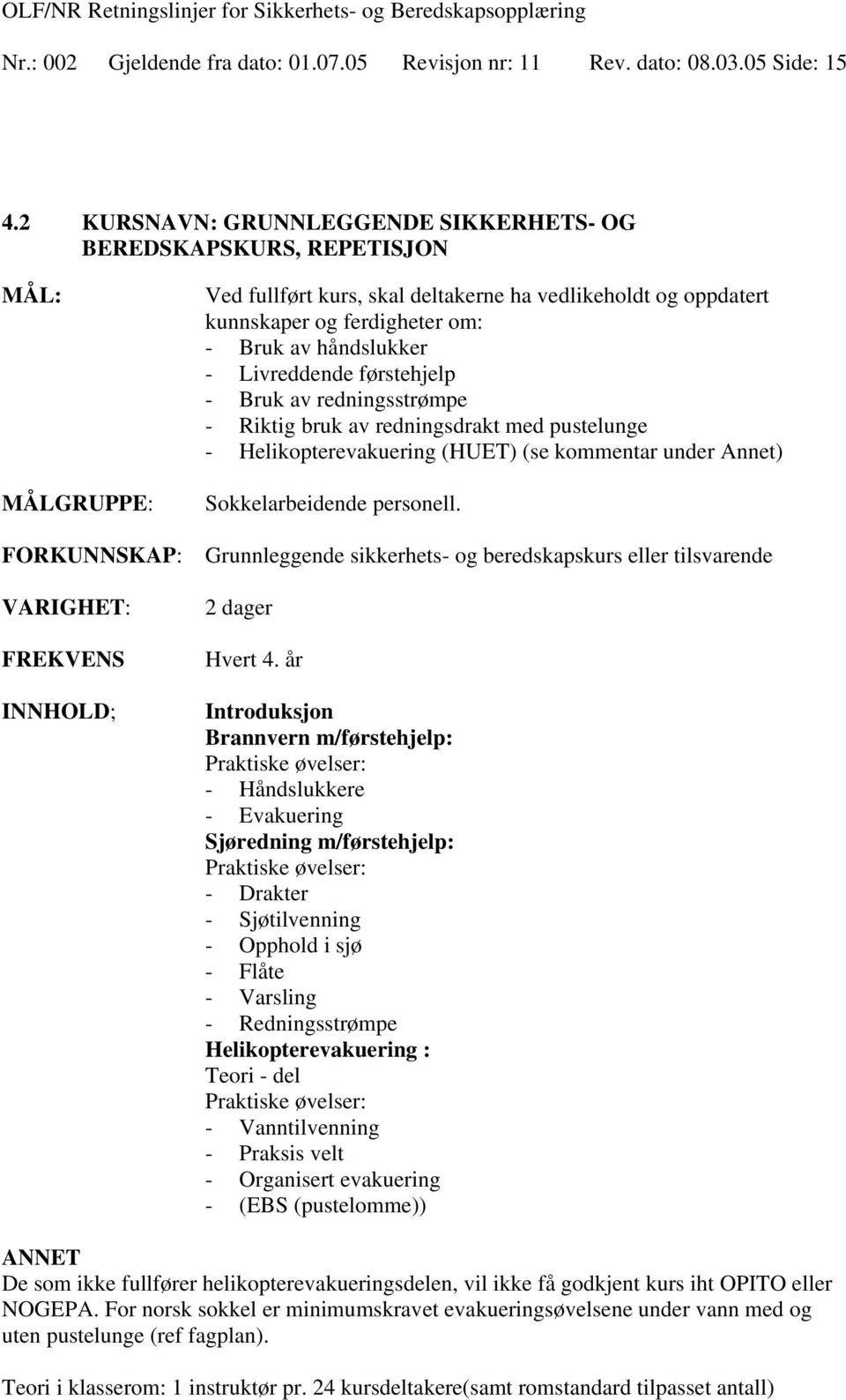 og ferdigheter om: - Bruk av håndslukker - Livreddende førstehjelp - Bruk av redningsstrømpe - Riktig bruk av redningsdrakt med pustelunge - Helikopterevakuering (HUET) (se kommentar under Annet)