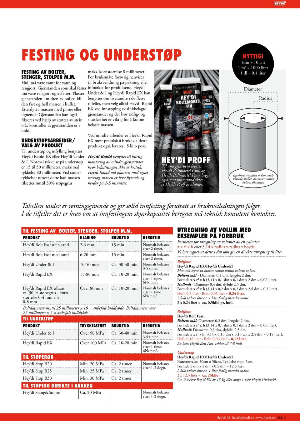UNDERSTØPSARBEIDER/ VALG AV PRODUKT Til understøp og utfylling benyttes Hey di Rapid EX eller Hey di Under & I. Normal tykkelse på understøp er 15 til 50 millimeter, maksimal tykkelse 80 millimeter.