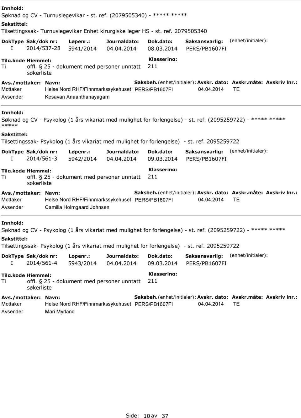 (2095259722) - ***** ***** ***** lsettingssak- Psykolog (1 års vikariat med mulighet for forlengelse) - st. ref. 2095259722 2014/561-3 5942/2014 09.03.