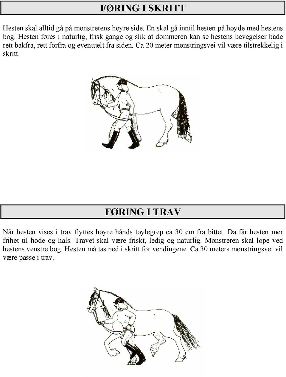 Ca 20 meter mønstringsvei vil være tilstrekkelig i skritt. FØRING I TRAV Når hesten vises i trav flyttes høyre hånds tøylegrep ca 30 cm fra bittet.
