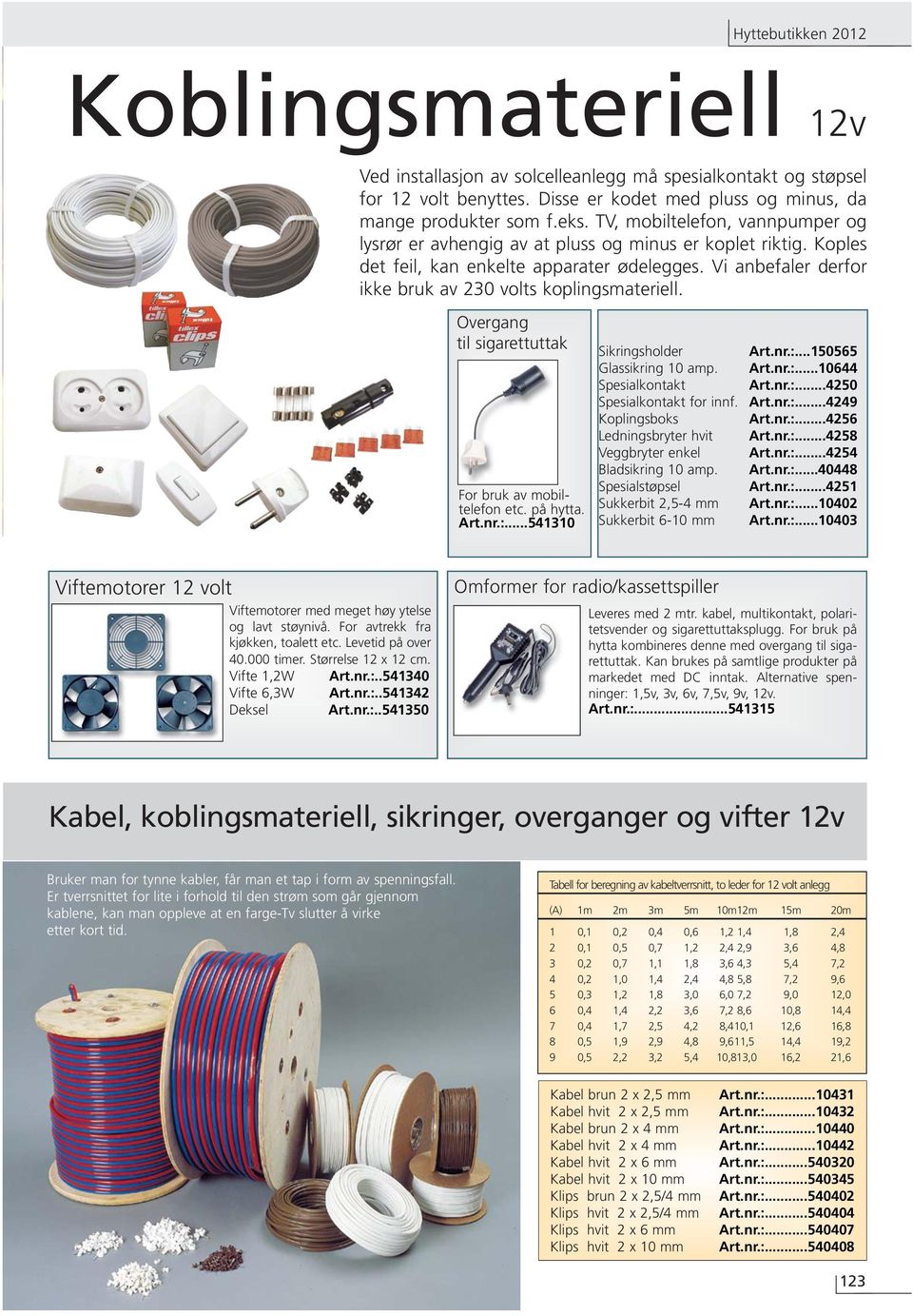 Vi anbefaler derfor ikke bruk av 230 volts koplingsmateriell. Overgang til sigarettuttak For bruk av mobiltelefon etc. på hytta. Art.nr.:...541310 Sikringsholder Art.nr.:...150565 Glassikring 10 amp.