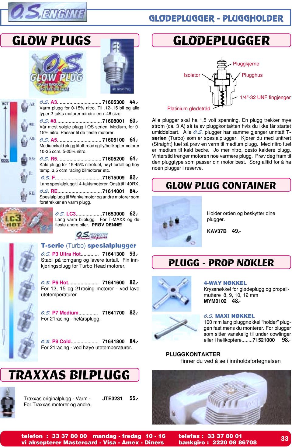 .. 71605100 64,- Medium/kald plugg til off-road og fly/helikoptermotorer 10-35 ccm. 5-25% nitro. O.S. R5... 71605200 64,- Kald plugg for 15-45% nitrofuel, høyt turtall og høy temp.