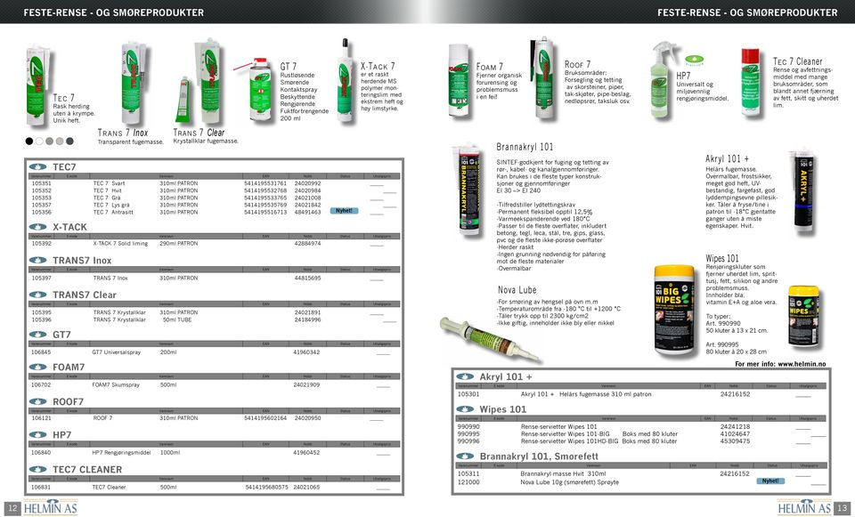 Varenummer E-kode Varenavn EN Nobb Status Utsalgspris 105351 TE 7 Svart 310ml PTRON 5414195531761 24020992 105352 TE 7 Hvit 310ml PTRON 5414195532768 24020984 105353 TE 7 Grå 310ml PTRON