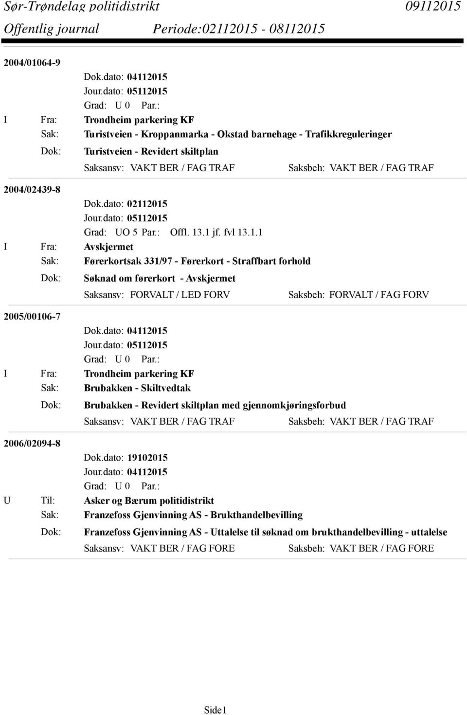 BER / FAG TRAF 2004/02439-8 Sak: Førerkortsak 331/97 - Førerkort - Straffbart forhold Dok: Søknad om førerkort - Avskjermet Saksansv: FORVALT / LED FORV 2005/00106-7 Dok.