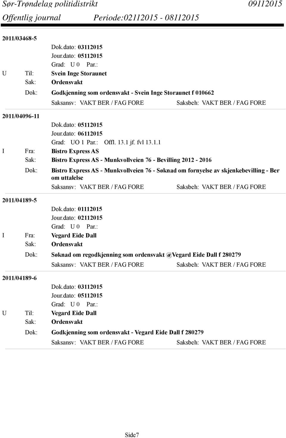 2015 Grad: UO 1 Par.: Offl. 13.1 jf. fvl 13.1.1 I Fra: Bistro Express AS Sak: Bistro Express AS - Munkvollveien 76 - Bevilling 2012-2016 Dok: Bistro Express AS -