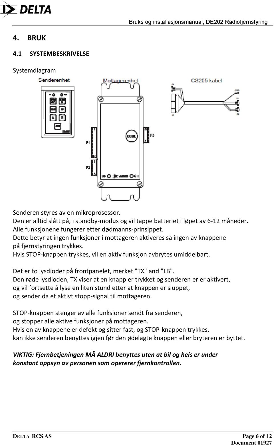 Hvis STOP-knappen trykkes, vil en aktiv funksjon avbrytes umiddelbart. Det er to lysdioder på frontpanelet, merket "TX" and "LB".