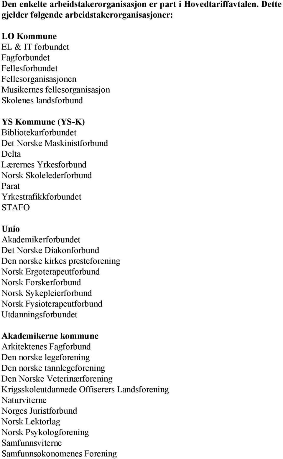 Bibliotekarforbundet Det Norske Maskinistforbund Delta Lærernes Yrkesforbund Norsk Skolelederforbund Parat Yrkestrafikkforbundet STAFO Unio Akademikerforbundet Det Norske Diakonforbund Den norske