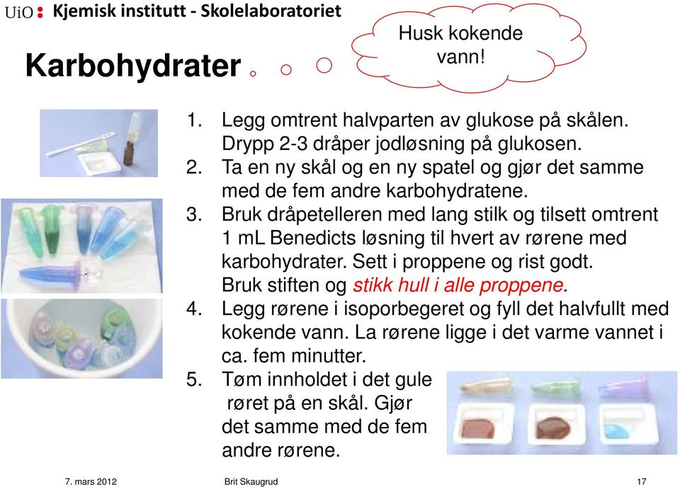 Bruk dråpetelleren med lang stilk og tilsett omtrent 1 ml Benedicts løsning til hvert av rørene med karbohydrater. Sett i proppene og rist godt.