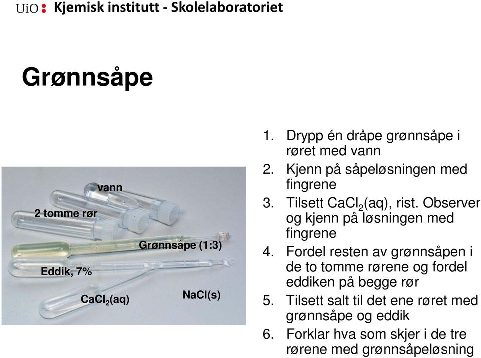 Tilsett CaCl 2 (aq), rist. Observer og kjenn på løsningen med fingrene 4.