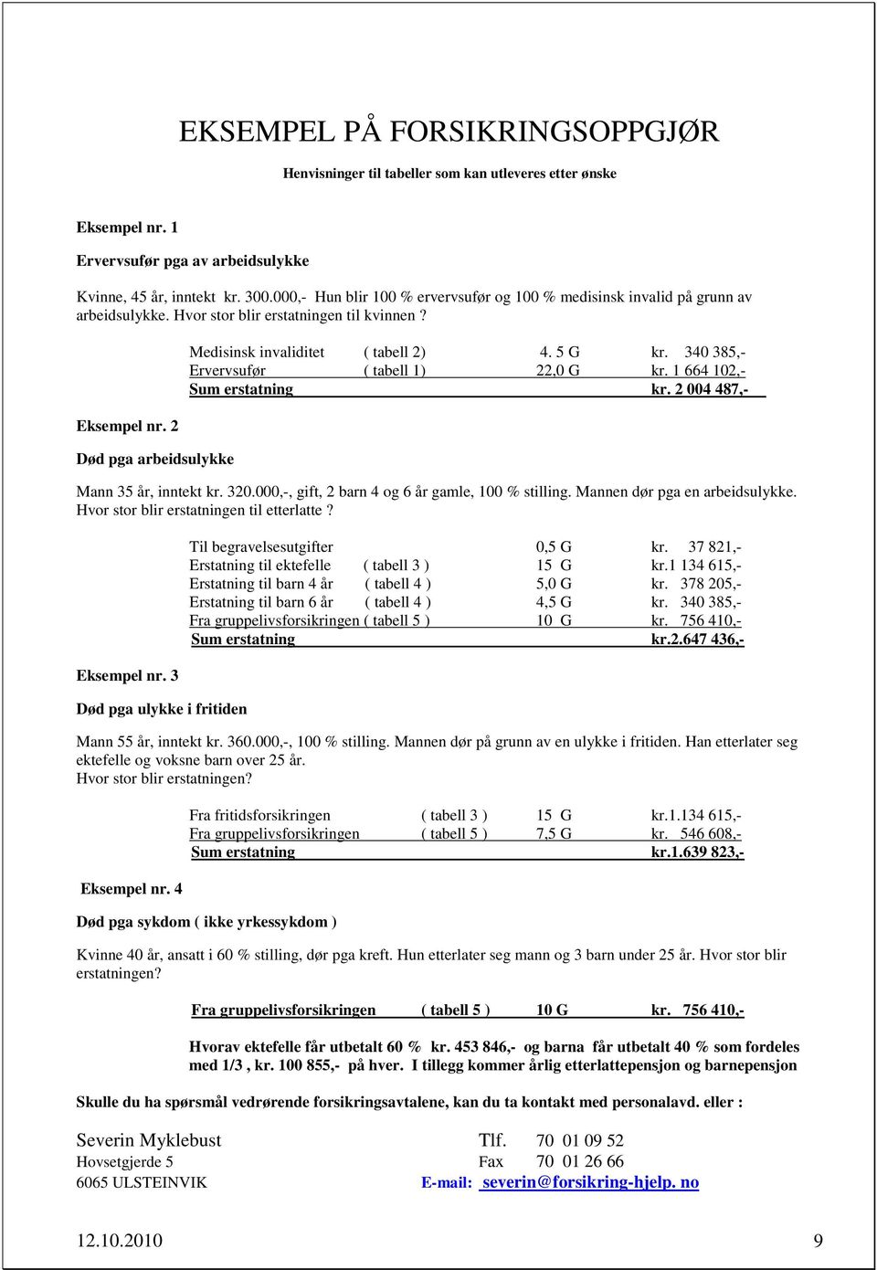 2 Død pga arbeidsulykke Medisinsk invaliditet ( tabell 2) 4. 5 G kr. 340 385,- Ervervsufør ( tabell 1) 22,0 G kr. 1 664 102,- Sum erstatning kr. 2 004 487,- Mann 35 år, inntekt kr. 320.