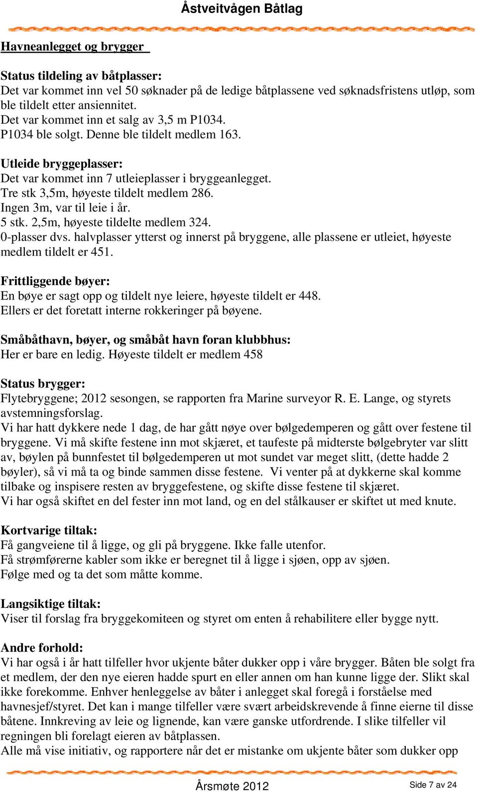 Tre stk 3,5m, høyeste tildelt medlem 286. Ingen 3m, var til leie i år. 5 stk. 2,5m, høyeste tildelte medlem 324. 0-plasser dvs.