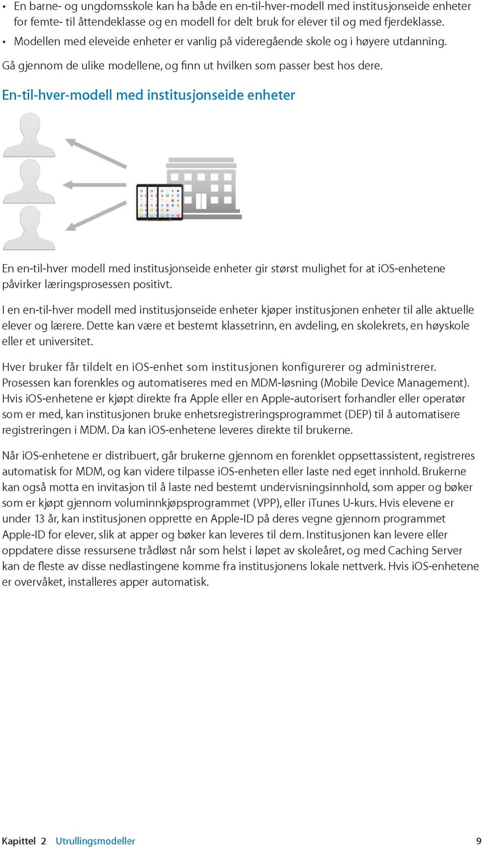 En-til-hver-modell med institusjonseide enheter En en-til-hver modell med institusjonseide enheter gir størst mulighet for at ios-enhetene påvirker læringsprosessen positivt.