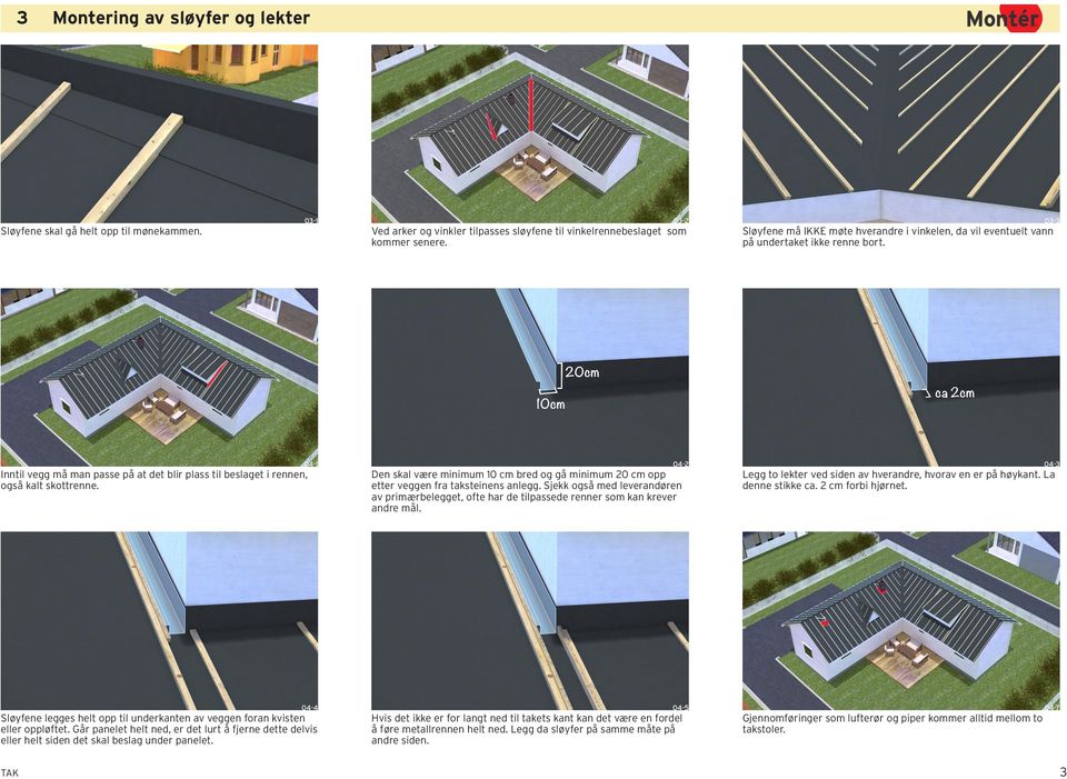 03-2 Ved arker og vinkler tilpasses sløyfene til vinkelrennebeslaget som kommer senere. 04-2 Den skal være minimum 10 cm bred og gå minimum 20 cm opp etter veggen fra taksteinens anlegg.
