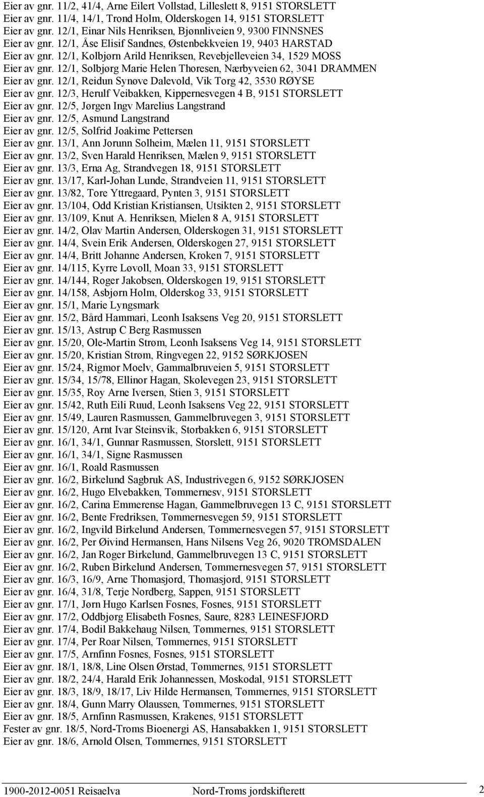 12/1, Kolbjørn Arild Henriksen, Revebjelleveien 34, 1529 MOSS Eier av gnr. 12/1, Solbjørg Marie Helen Thoresen, Nærbyveien 62, 3041 DRAMMEN Eier av gnr.