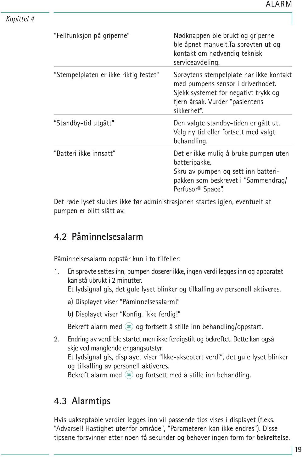 Standby-tid utgått Den valgte standby-tiden er gått ut. Velg ny tid eller fortsett med valgt behandling. Batteri ikke innsatt Det er ikke mulig å bruke pumpen uten batteripakke.