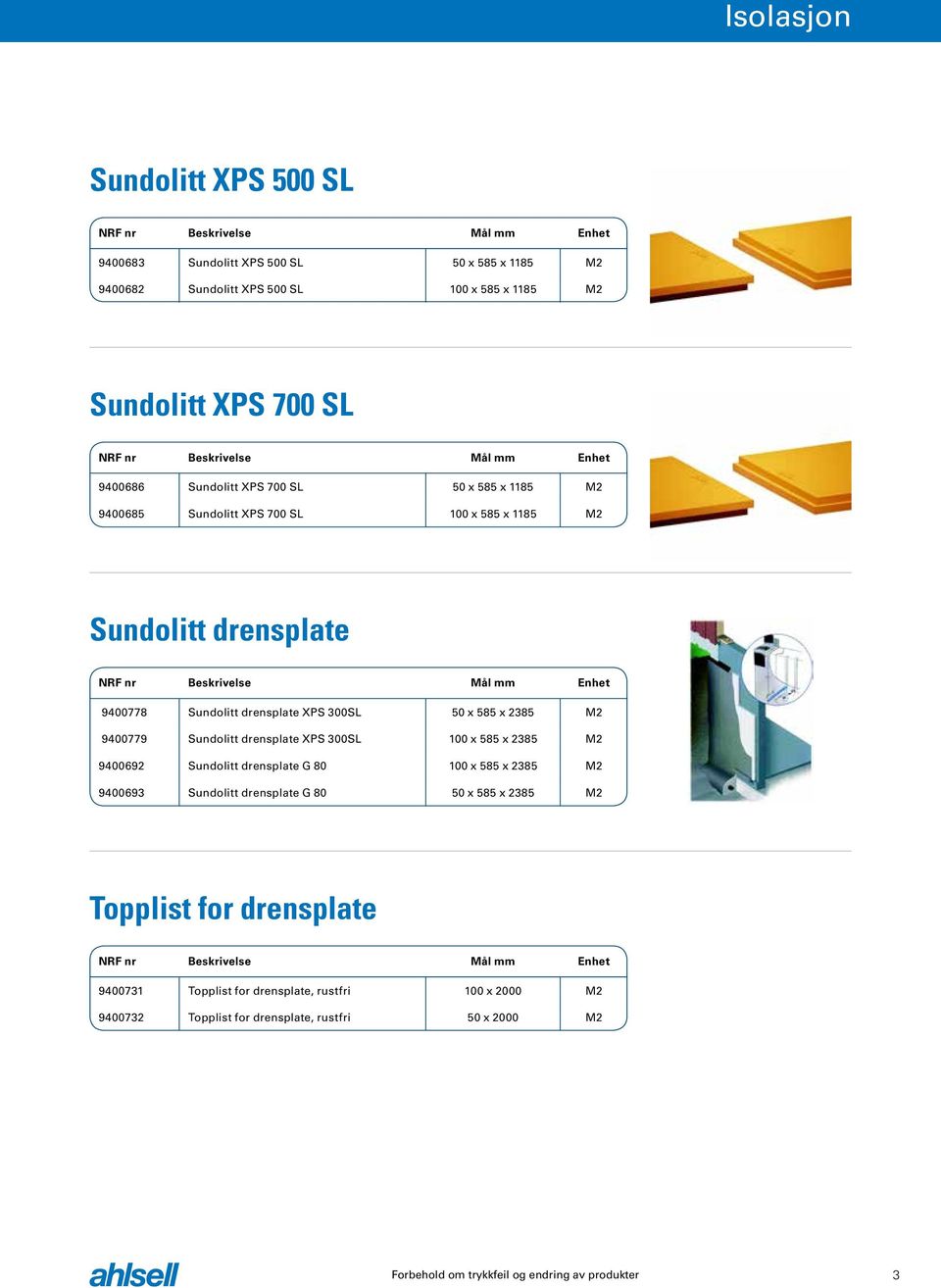 585 x 2385 M2 9400779 Sundolitt drensplate XPS 300SL 100 x 585 x 2385 M2 9400692 Sundolitt drensplate G 80 100 x 585 x 2385 M2 9400693 Sundolitt