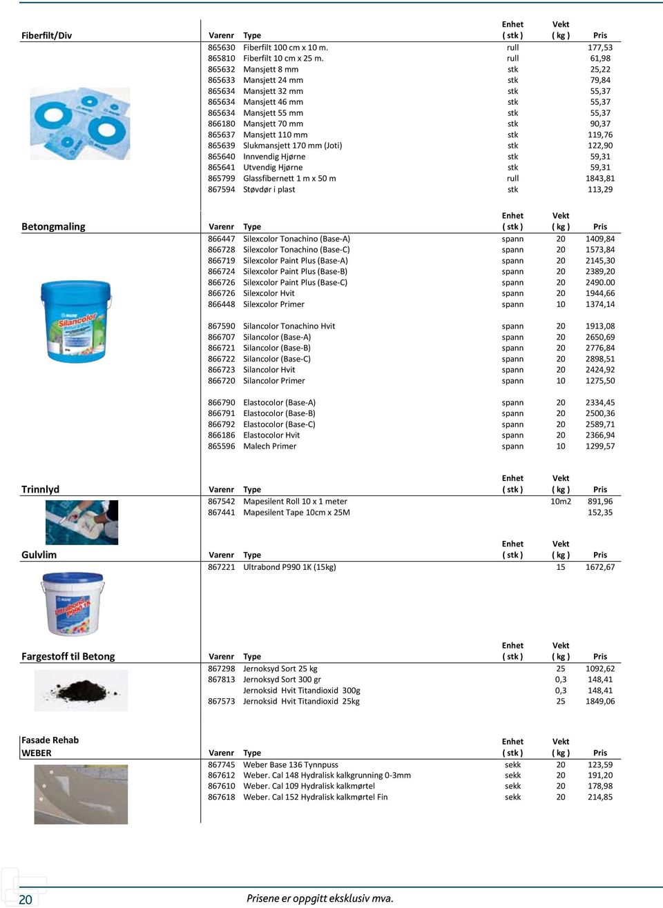 mm 119,76 865639 Slukmansjett 170 mm (Joti) 122,90 865640 Innvendig Hjørne 59,31 865641 Utvendig Hjørne 59,31 865799 Glassfibernett 1 m x 50 m rull 1843,81 867594 Støvdør i plast 113,29 kg Pris
