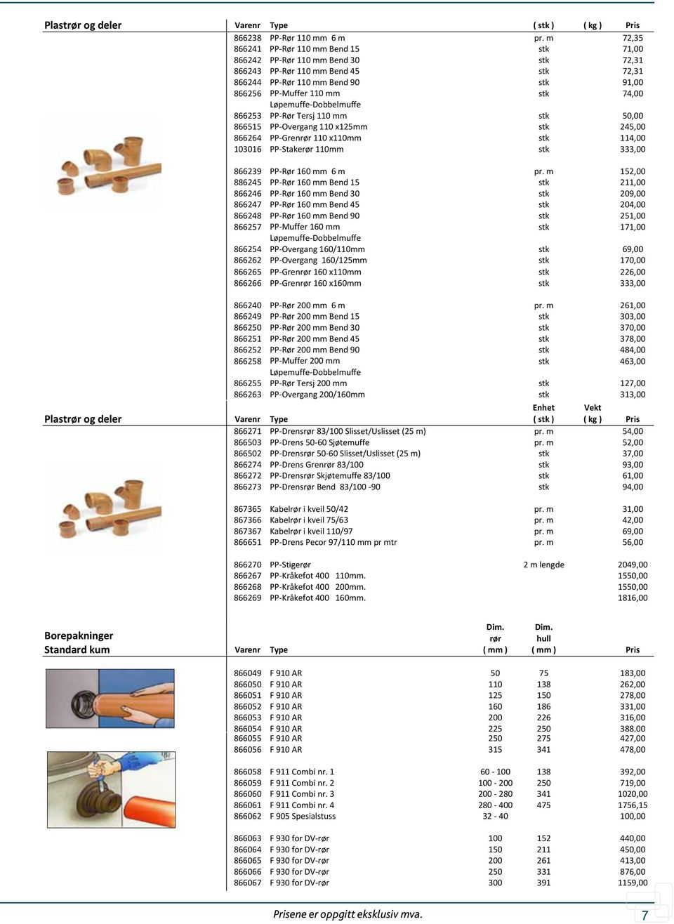 Dobbelmuffe 866253 PP- Rør Tersj 110 mm 50,00 866515 PP- Overgang 110 x125mm 245,00 866264 PP- Grenrør 110 x110mm 114,00 103016 PP- Stakerør 110mm 333,00 866239 PP- Rør 160 mm 6 m pr.