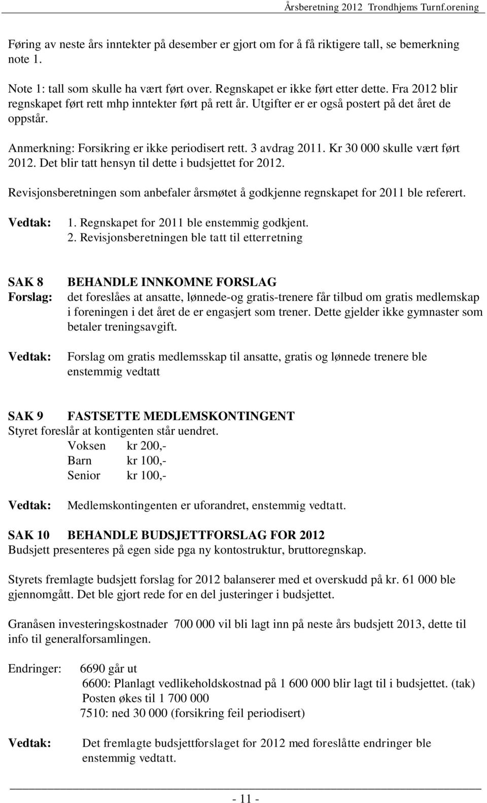 Kr 30 000 skulle vært ført 2012. Det blir tatt hensyn til dette i budsjettet for 2012. Revisjonsberetningen som anbefaler årsmøtet å godkjenne regnskapet for 2011 ble referert. Vedtak: 1.