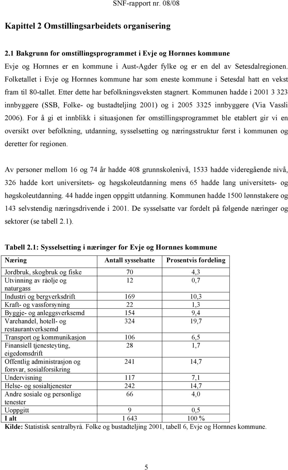 Kommunen hadde i 2001 3 323 innbyggere (SSB, Folke- og bustadteljing 2001) og i 2005 3325 innbyggere (Via Vassli 2006).