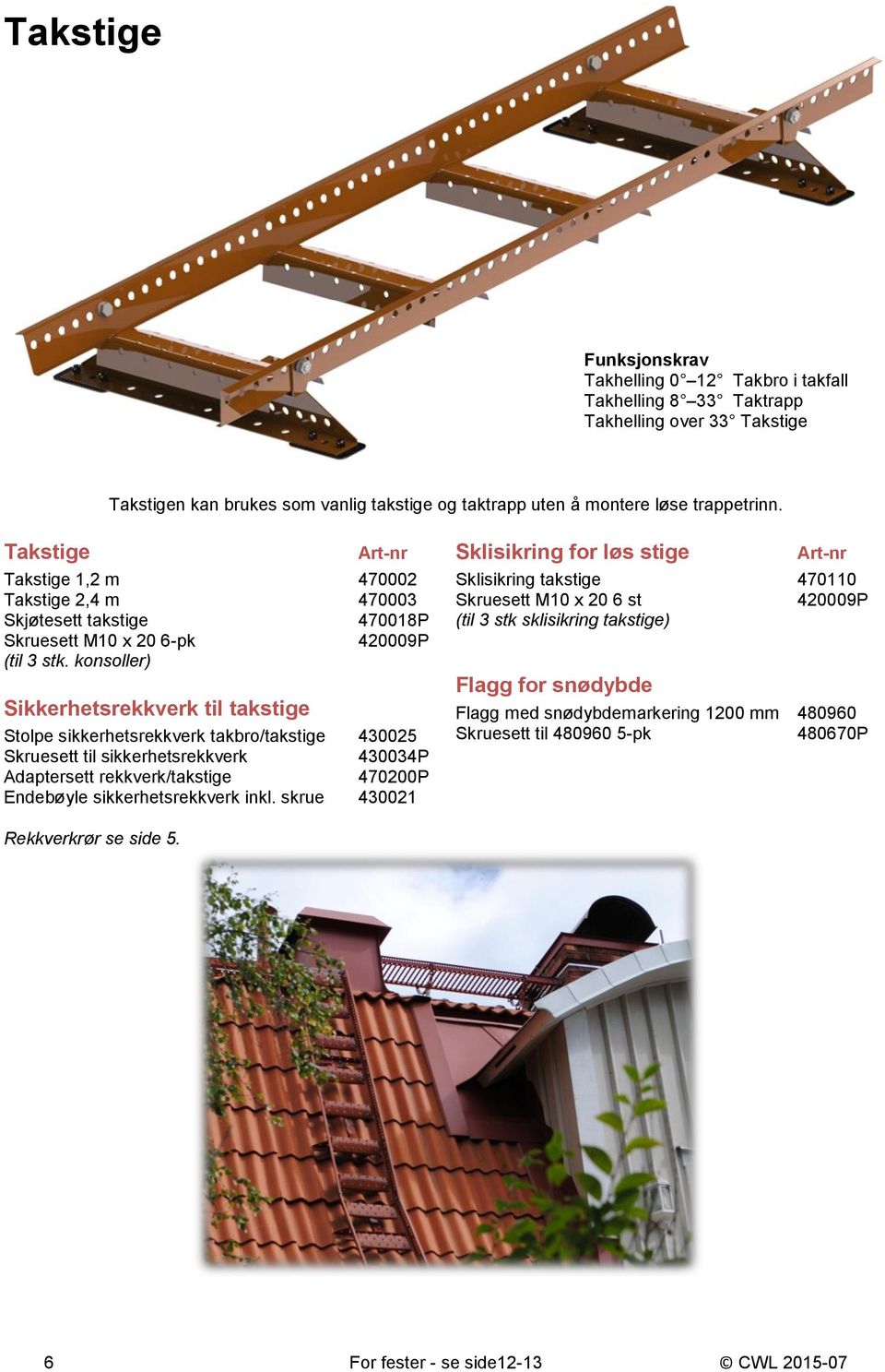 konsoller) Sikkerhetsrekkverk til takstige Stolpe sikkerhetsrekkverk takbro/takstige 430025 Skruesett til sikkerhetsrekkverk 430034P Adaptersett rekkverk/takstige 470200P Endebøyle sikkerhetsrekkverk