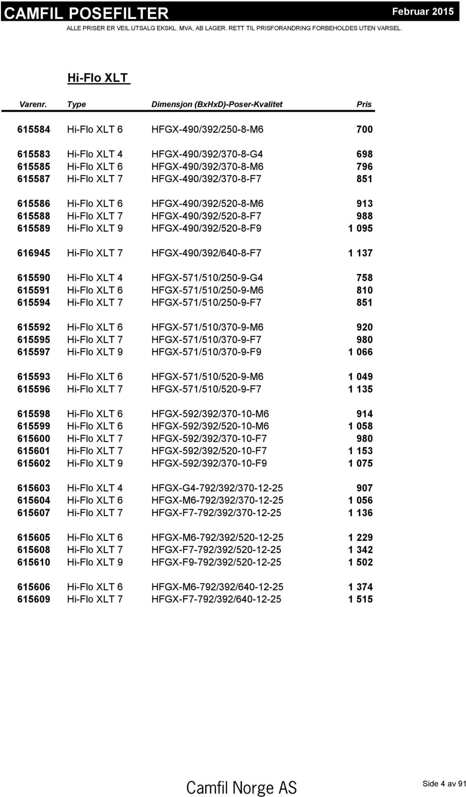 7 HFGX-490/392/370-8-F7 851 615586 Hi-Flo XLT 6 HFGX-490/392/520-8-M6 913 615588 Hi-Flo XLT 7 HFGX-490/392/520-8-F7 988 615589 Hi-Flo XLT 9 HFGX-490/392/520-8-F9 1 095 616945 Hi-Flo XLT 7