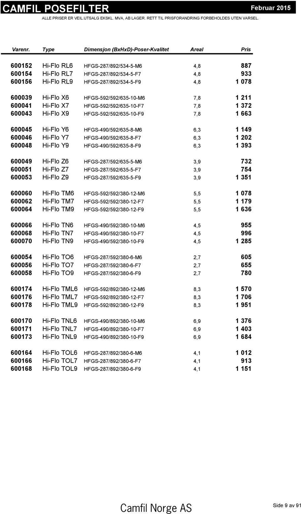 600039 Hi-Flo X6 HFGS-592/592/635-10-M6 7,8 1 211 600041 Hi-Flo X7 HFGS-592/592/635-10-F7 7,8 1 372 600043 Hi-Flo X9 HFGS-592/592/635-10-F9 7,8 1 663 600045 Hi-Flo Y6 HFGS-490/592/635-8-M6 6,3 1 149