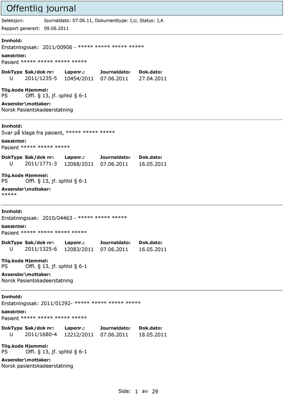 2011 Erstatningssak: 2011/00906 - ***** ***** ***** ***** Pasient ***** ***** ***** ***** 2011/1235-5 1045