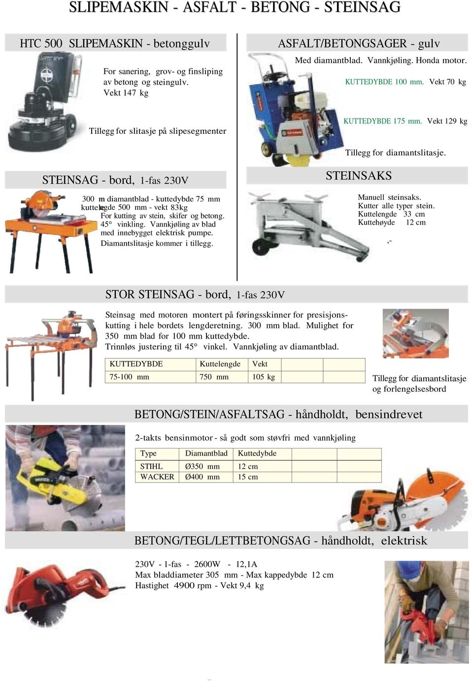 STEINSAG - bord, 1-fas 230V 300 m diamantblad - kuttedybde 75 mm kuttele ngde 500 mm - vekt 83kg For kutting av stein, skifer og betong. 45 vinkling.