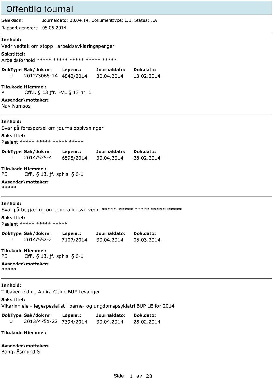 1 Nav Namsos 13.02.2014 Svar på forespørsel om journalopplysninger 2014/525-4 6598/2014 ***** 28.02.2014 Svar på begjæring om journalinnsyn vedr.