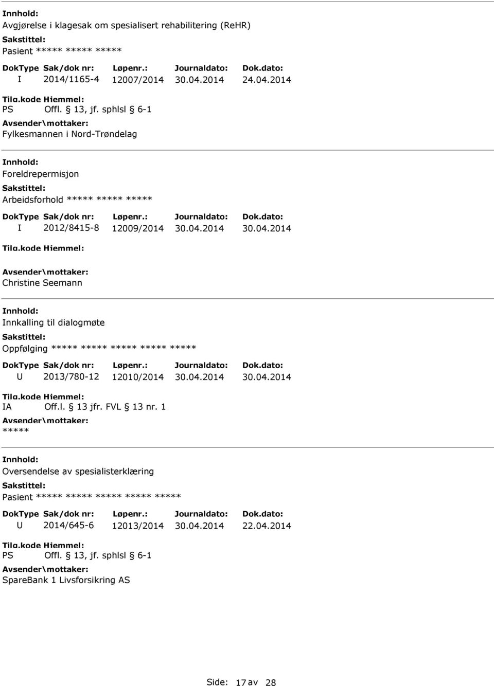 dialogmøte Oppfølging ***** ***** ***** ***** ***** A 2013/780-12 12010/2014 Off.l. 13 jfr. FVL 13 nr.