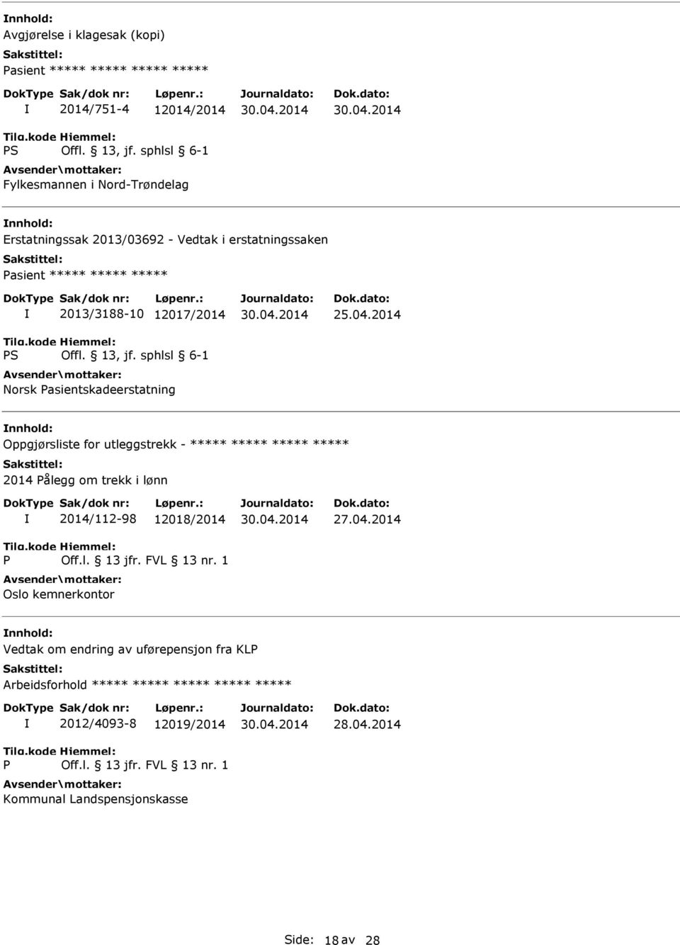 2014 Oppgjørsliste for utleggstrekk - ***** ***** ***** ***** 2014 Pålegg om trekk i lønn P 2014/112-98 12018/2014 Off.l. 13 jfr.