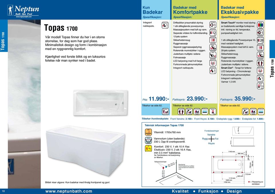 Driftssikker pneumatisk styring 1 stk stillegående powerpumpe Massasjesystem med luft og vann. Separate vridere for luftinnblanding.