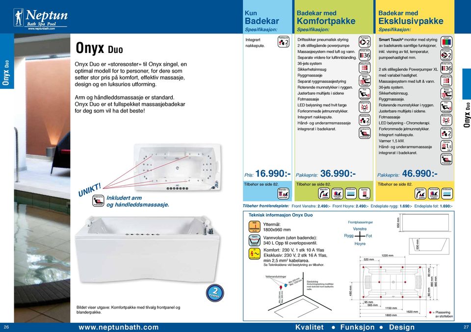 Driftssikker pneumatisk styring 2 stk stillegående powerpumpe Massasjesystem med luft og vann. Separate vridere for luftinnblanding.