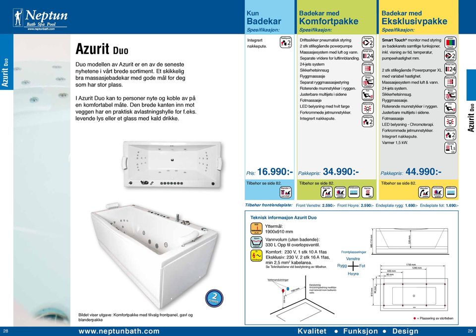 Integrert nakkepute. Driftssikker pneumatisk styring 2 stk stillegående powerpumpe Massasjesystem med luft og vann. Separate vridere for luftinnblanding.