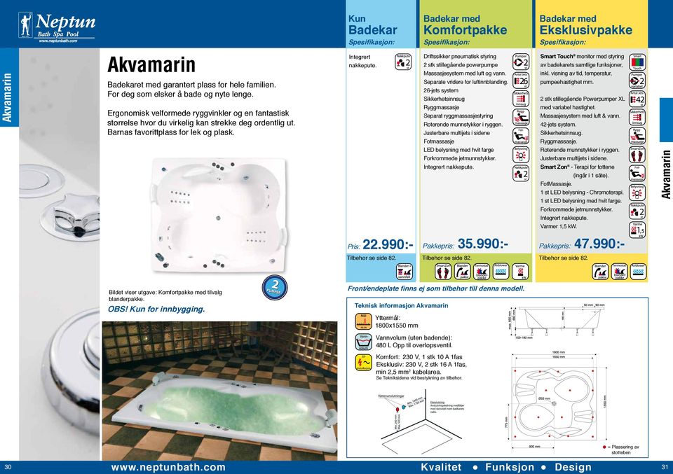 Driftssikker pneumatisk styring 2 stk stillegående powerpumpe Massasjesystem med luft og vann. Separate vridere for luftinnblanding.