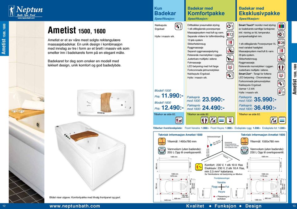 et for deg som ønsker en modell med lekkert design, unik komfort og god badedybde. Nakkepute Ergobad Hylle i massiv eik. Modell 1500 Pris: 11.990:- Modell 1600 Pris: 12.