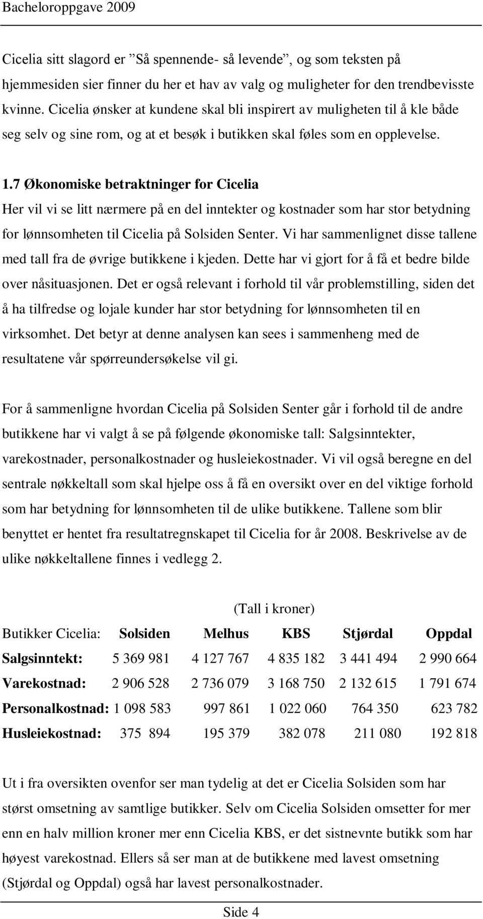 7 Økonomiske betraktninger for Cicelia Her vil vi se litt nærmere på en del inntekter og kostnader som har stor betydning for lønnsomheten til Cicelia på Solsiden Senter.