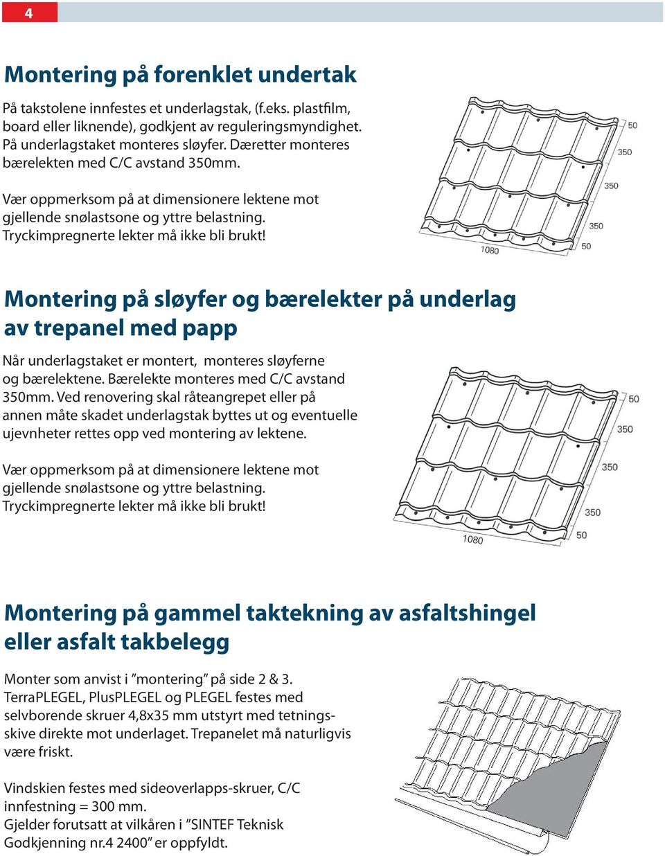 Montering på sløyfer og bærelekter på underlag av trepanel med papp Montering på sløyfer og bærelekter på underlag av trepanel med papp Når underlagstaket er montert, monteres sløyferne og