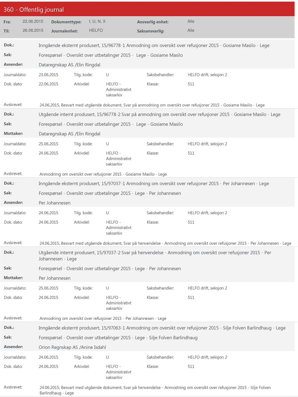 2015, Besvart med utgående dokument, Svar på anmodning om oversikt over refusjoner 2015 - Gosiame Masilo - Lege tgående internt produsert, 15/96778-2 Svar på anmodning om oversikt over refusjoner