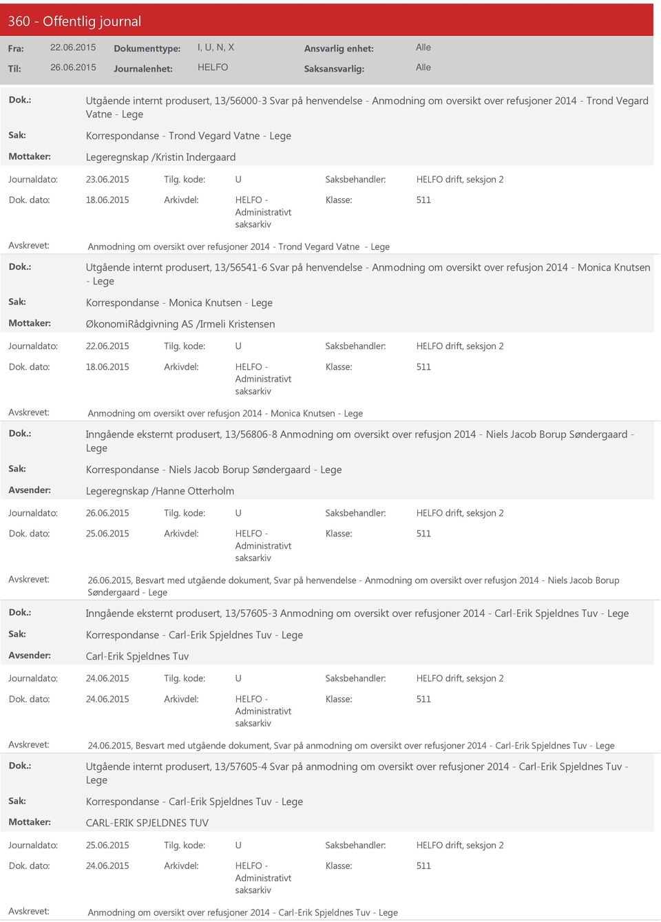 2015 - Anmodning om oversikt over refusjoner 2014 - Trond Vegard Vatne - Lege tgående internt produsert, 13/56541-6 Svar på henvendelse - Anmodning om oversikt over refusjon 2014 - Monica Knutsen -