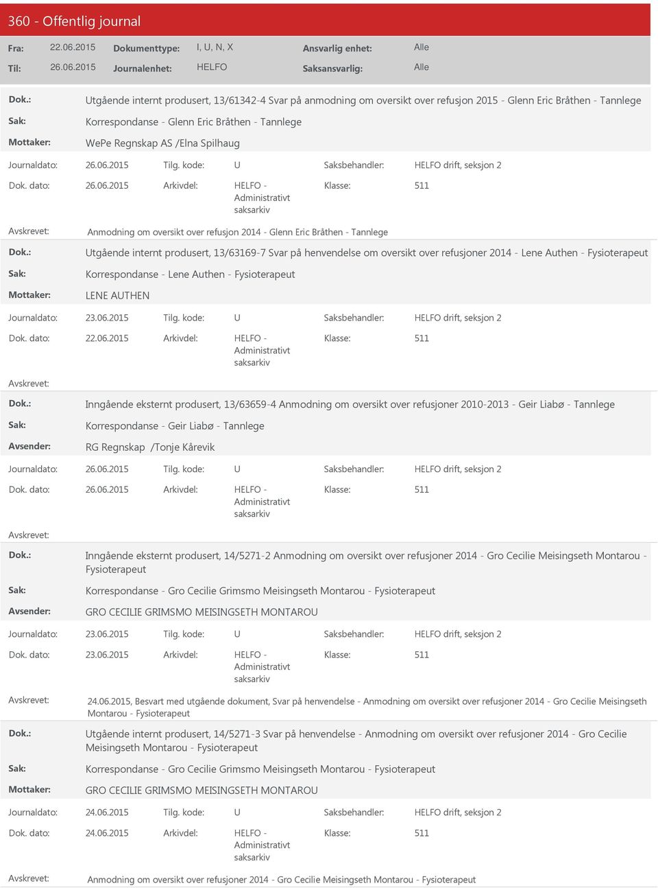 kode: - Anmodning om oversikt over refusjon 2014 - Glenn Eric Bråthen - Tannlege tgående internt produsert, 13/63169-7 Svar på henvendelse om oversikt over refusjoner 2014 - Lene Authen -