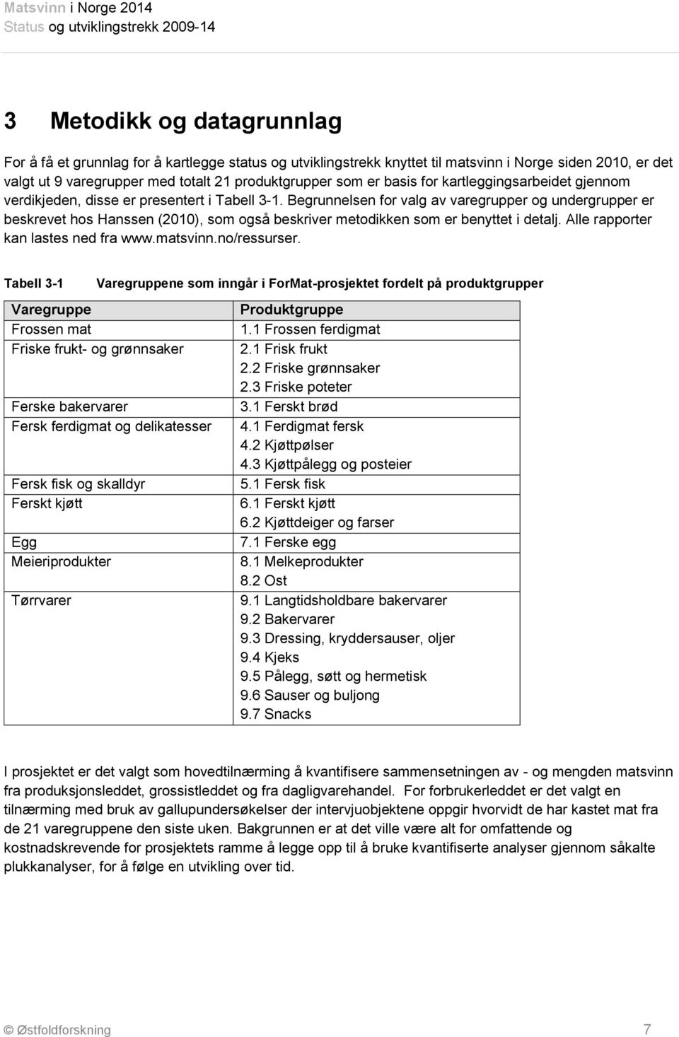 Begrunnelsen for valg av varegrupper og undergrupper er beskrevet hos Hanssen (2010), som også beskriver metodikken som er benyttet i detalj. Alle rapporter kan lastes ned fra www.matsvinn.