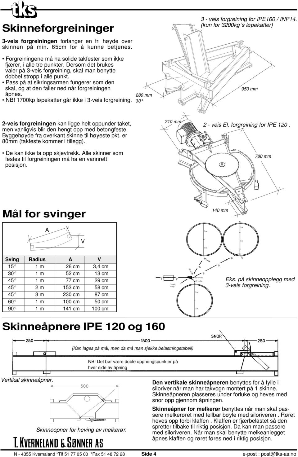 1700kp løpekatter går ikke i 3-veis forgreining. 280 mm 30 3 - veis forgreining for IPE160 / INP14.