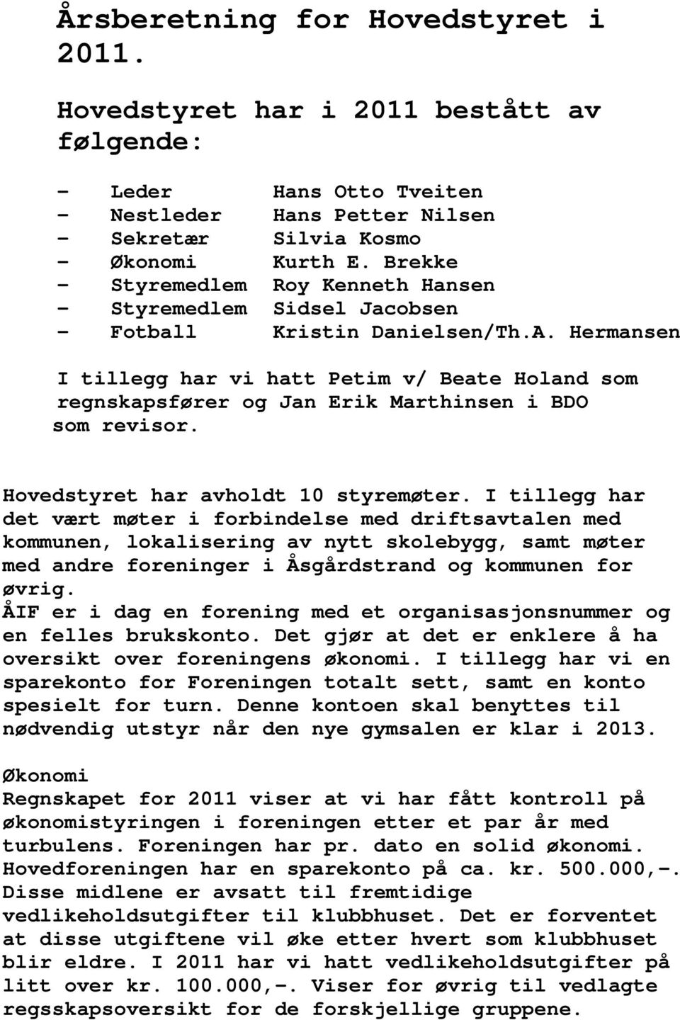 Hermansen I tillegg har vi hatt Petim v/ Beate Holand som regnskapsfører og Jan Erik Marthinsen i BDO som revisor. Hovedstyret har avholdt 10 styremøter.