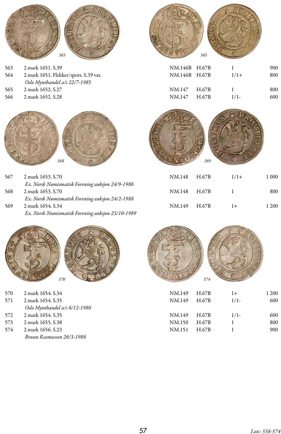 Norsk Numismatisk Forening auksjon 24/2-1988 569 2 mark 1654. S.34 NM.149 H.67B 1+ 1 200 Ex. Norsk Numismatisk Forening auksjon 25/10-1989 570 574 570 2 mark 1654. S.34 NM.149 H.67B 1+ 1 200 571 2 mark 1654.