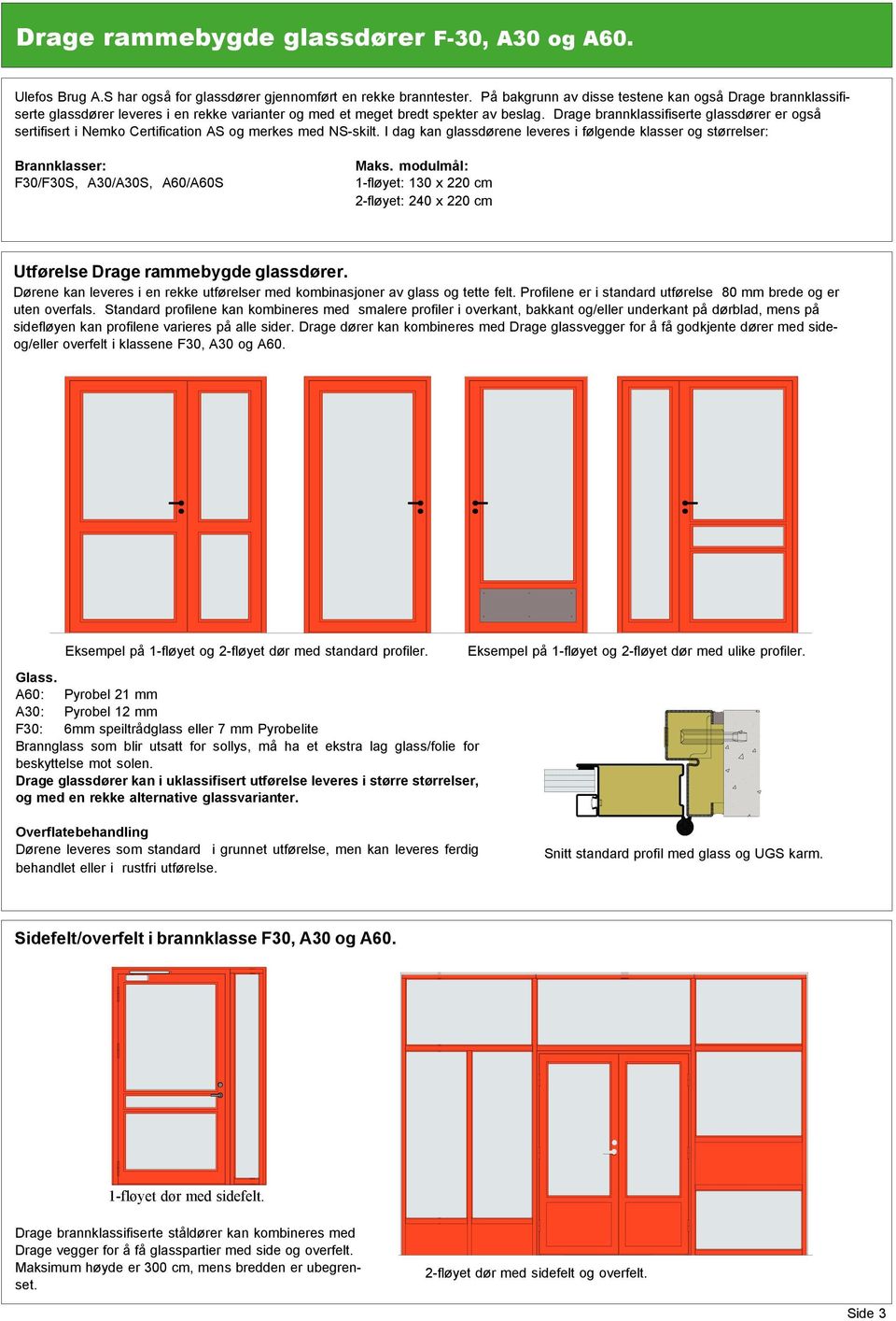 Drage brannklassifiserte glassdører er også sertifisert i Nemko Certification AS og merkes med NS-skilt.