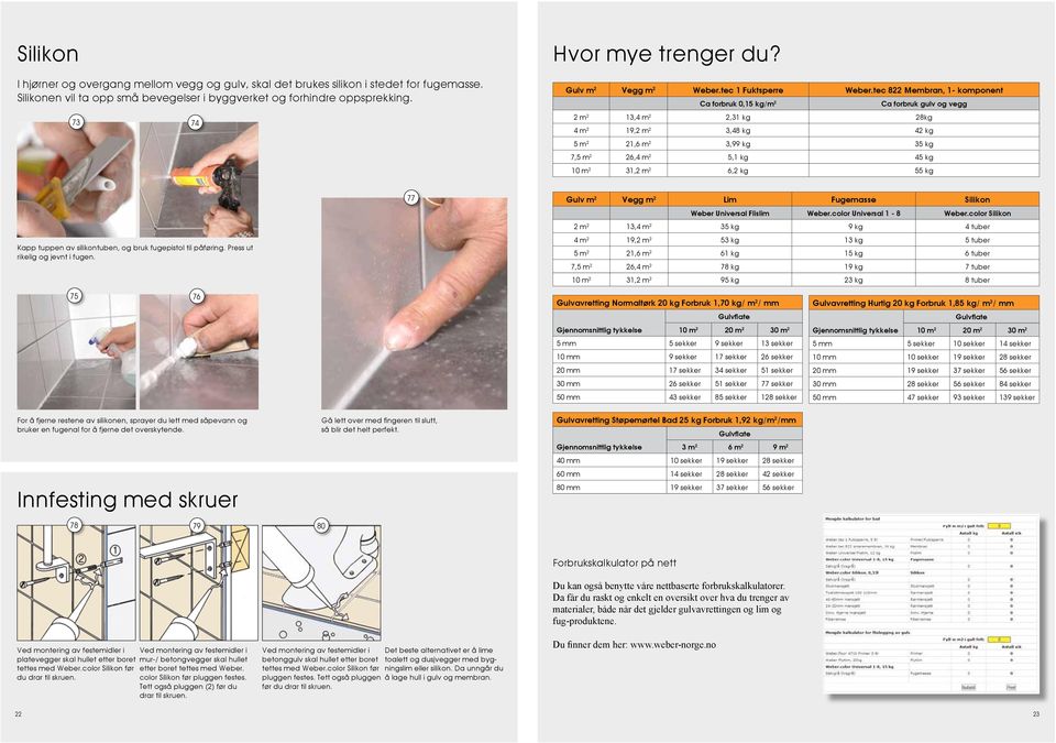 tec 822 Membran, 1- komponent Ca forbruk 0,15 kg/m 2 Ca forbruk gulv og vegg 2 m 2 13,4 m 2 2,31 kg 28kg 4 m 2 19,2 m 2 3,48 kg 42 kg 5 m 2 21,6 m 2 3,99 kg 35 kg 7,5 m 2 26,4 m 2 5,1 kg 45 kg 10 m 2