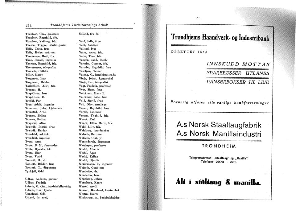 Thorstensen, telegrafist Thorvik, Halldis Tiller, Kaare Torgersen, Ivar Torgersen, Reidar Torkildsen, Astri, frk. Tranaas, H. Trap-Olsen, frue Trap-Olsen, H.